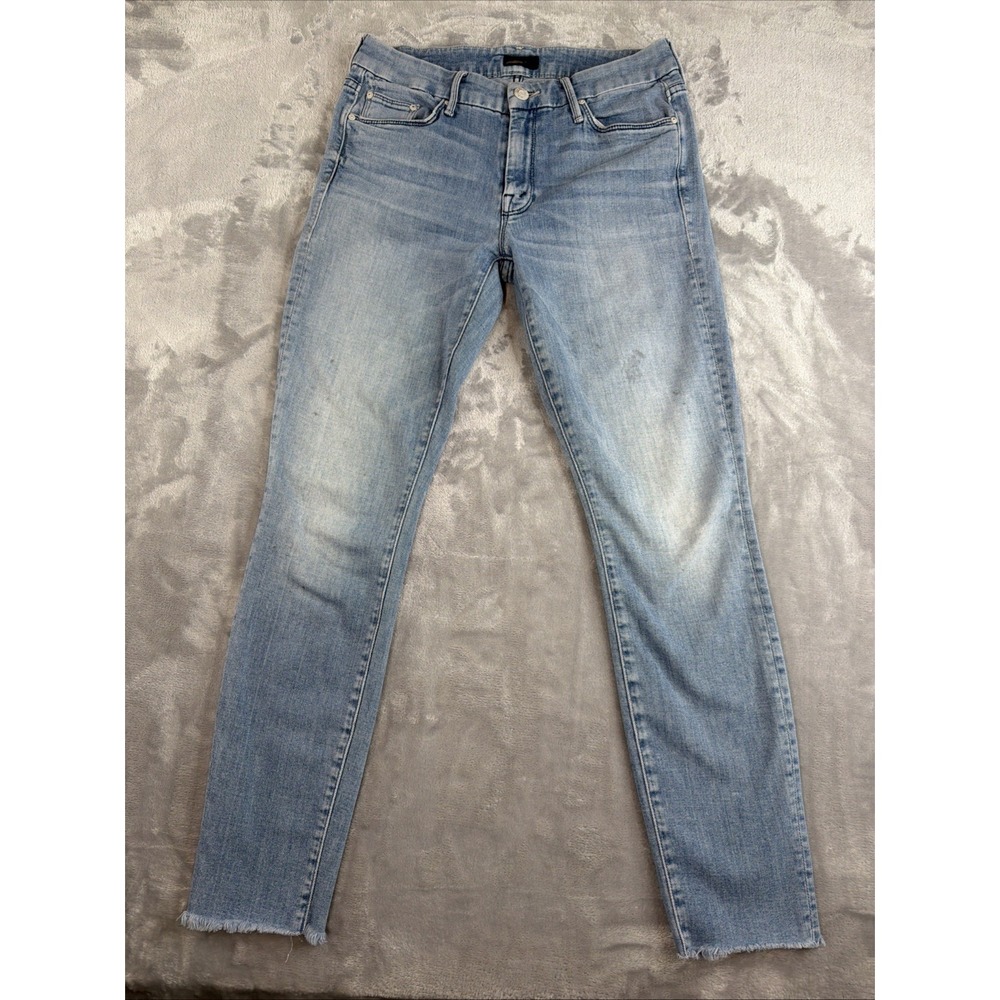 MOTHER Looker Ankle Fray Jeans Womens 27 Blue Skinny Raw Hem Stretch USA